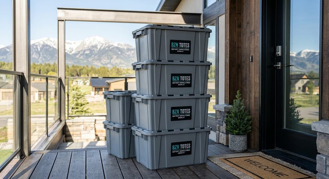 Stack of BZN Totes reusable moving boxes on a Bozeman front porch with mountains in the background