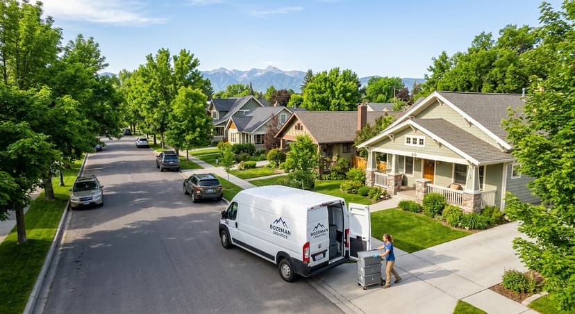 Aerial view of a Bozeman neighborhood with a cargo van delivering moving totes
