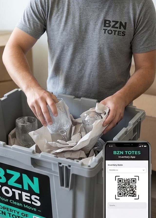 Person carefully packing items into a gray plastic moving tote